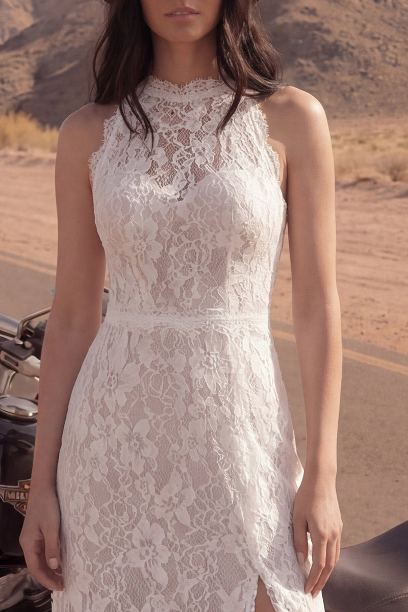 Load image into Gallery viewer, Sheath Lace Floral Ivory Maxi Boho Wedding Dress with Slit