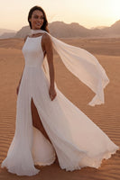 Load image into Gallery viewer, Maxi Ivory A Line Neck Scarf Beach Wedding Dress with Slit