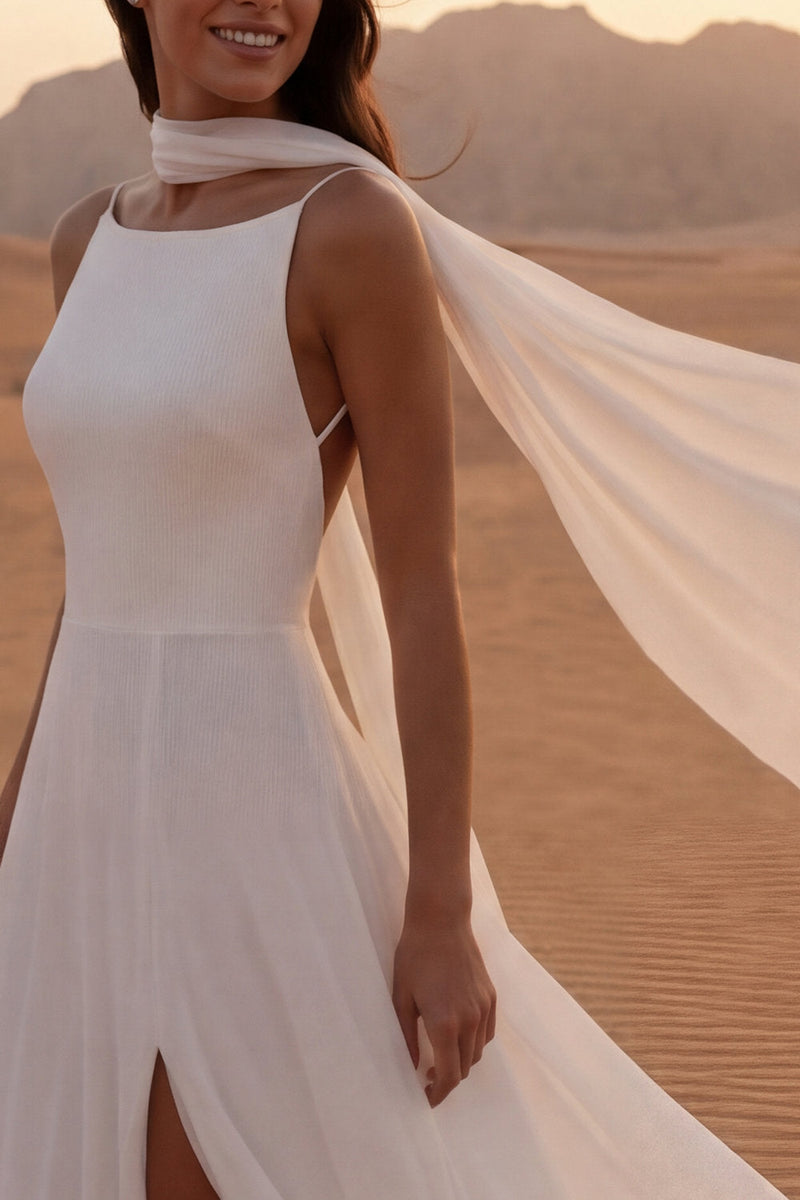 Load image into Gallery viewer, Maxi Ivory A Line Neck Scarf Beach Wedding Dress with Slit