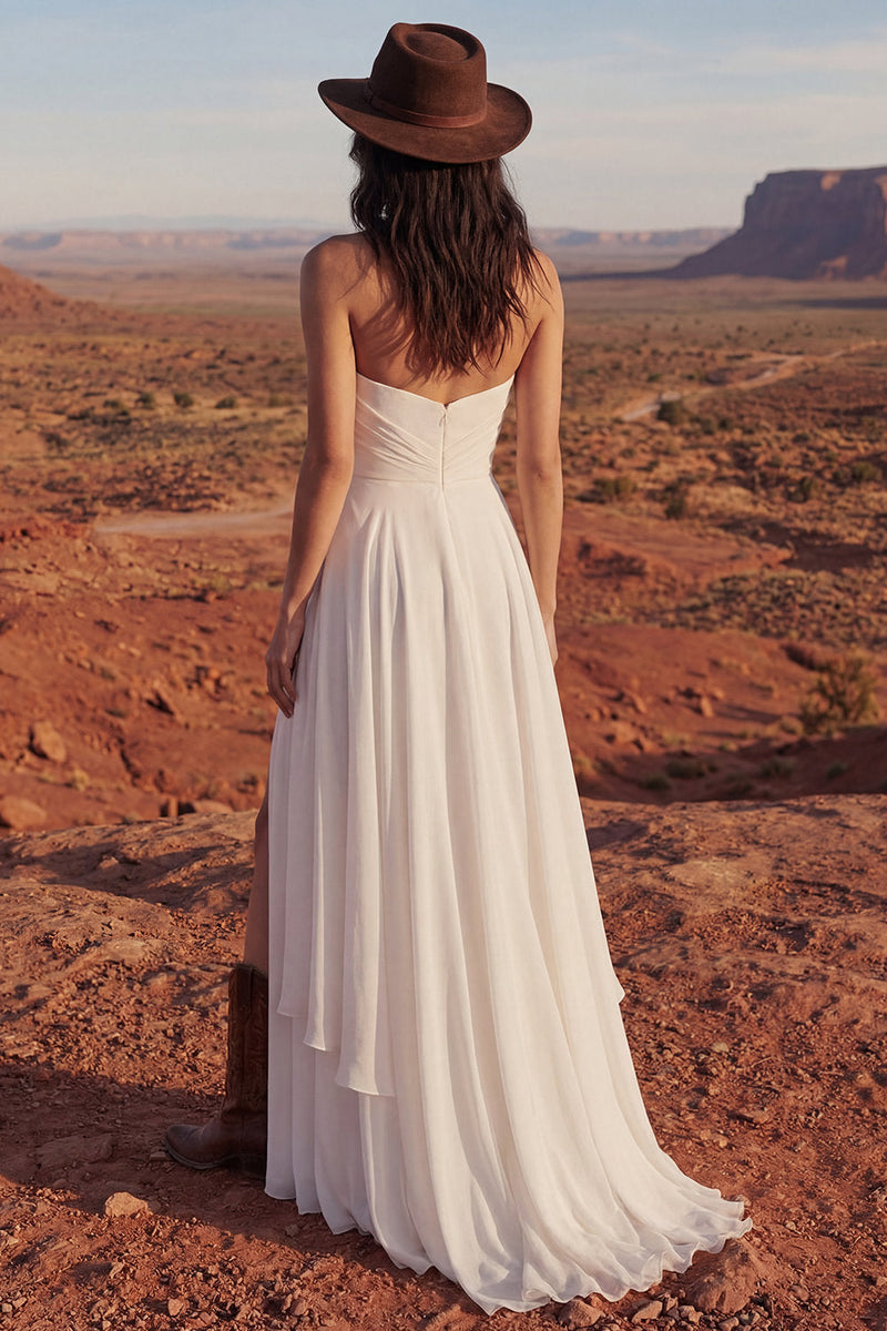 Load image into Gallery viewer, Simple Ivory Strapless Maxi A Line Beach Wedding Dress with Slit