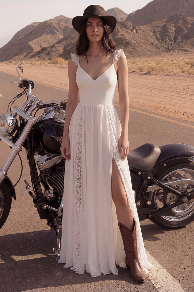 Load image into Gallery viewer, A Line Lace V-Neck Ivory Beach Wedding Dress with Slit