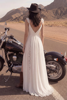 A Line Lace V-Neck Ivory Beach Wedding Dress with Slit