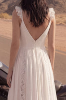Load image into Gallery viewer, A Line Lace V-Neck Ivory Beach Wedding Dress with Slit