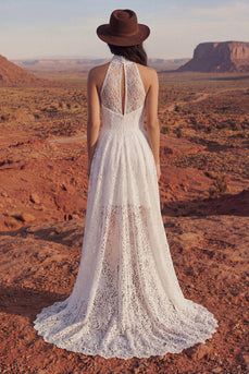 Ivory A Line Floral Lace High Low Boho Wedding Dress