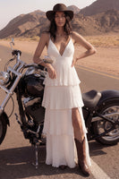 Load image into Gallery viewer, Maxi A Line Ivory Spaghetti Straps Pleated Beach Wedding Dress with Ruffles