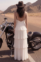 Load image into Gallery viewer, Maxi A Line Ivory Spaghetti Straps Pleated Beach Wedding Dress with Ruffles