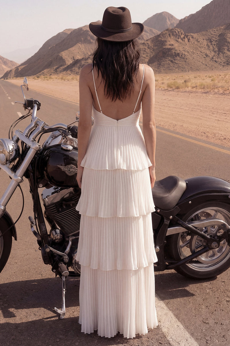 Load image into Gallery viewer, Maxi A Line Ivory Spaghetti Straps Pleated Beach Wedding Dress with Ruffles