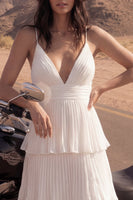 Load image into Gallery viewer, Maxi A Line Ivory Spaghetti Straps Pleated Beach Wedding Dress with Ruffles