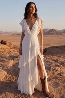 Load image into Gallery viewer, Ivory A Line Maxi V-Neck Beach Wedding Dress with Ruffles