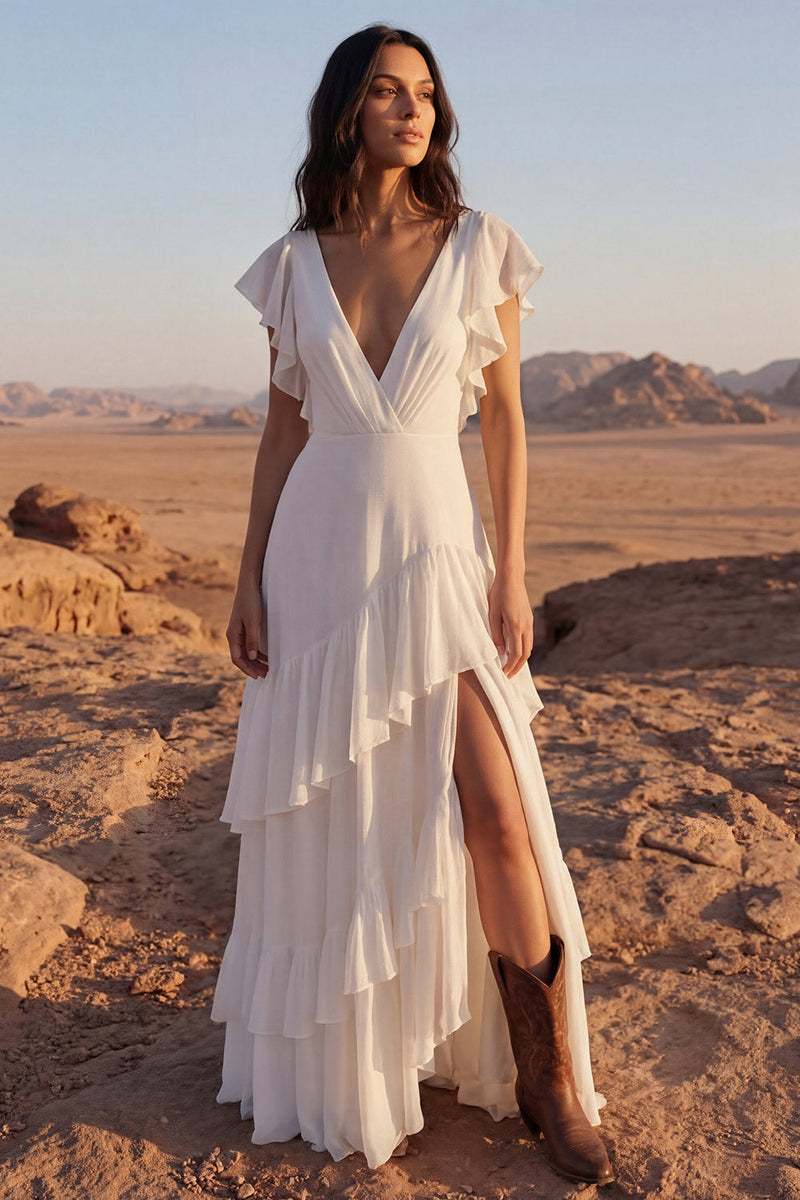 Load image into Gallery viewer, Ivory A Line Maxi V-Neck Beach Wedding Dress with Ruffles