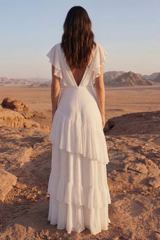 Ivory A Line Maxi V-Neck Beach Wedding Dress with Ruffles