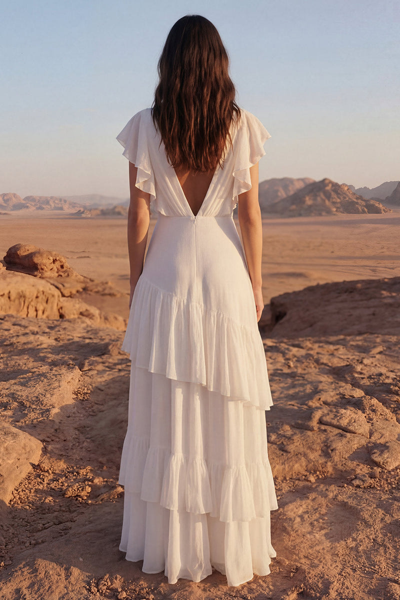 Load image into Gallery viewer, Ivory A Line Maxi V-Neck Beach Wedding Dress with Ruffles