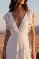 Load image into Gallery viewer, Ivory A Line Maxi V-Neck Beach Wedding Dress with Ruffles