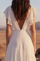Load image into Gallery viewer, Ivory A Line Maxi V-Neck Beach Wedding Dress with Ruffles