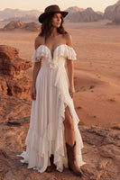 Load image into Gallery viewer, Ivory A Line Off the Shoulder Maxi Beach Wedding Dress with Ruffles