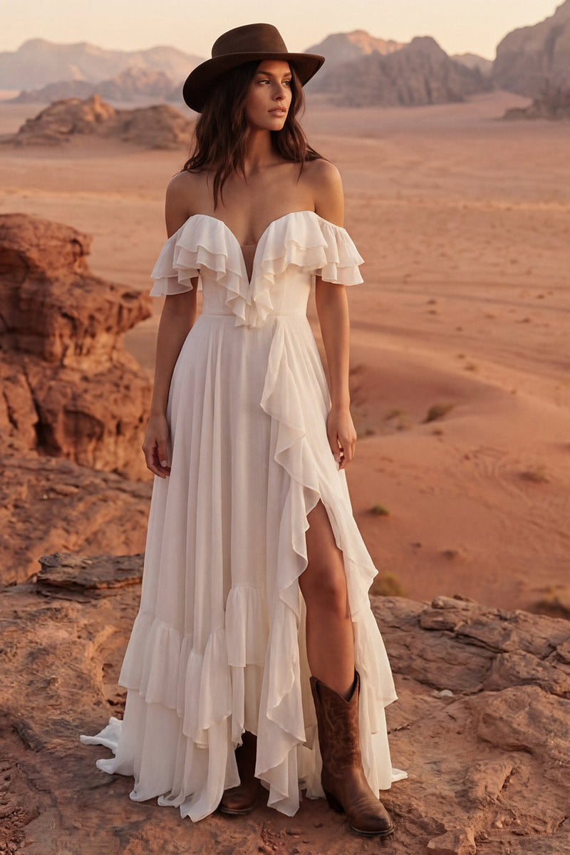 Load image into Gallery viewer, Ivory A Line Off the Shoulder Maxi Beach Wedding Dress with Ruffles
