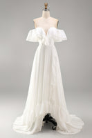 Load image into Gallery viewer, Ivory A Line Off the Shoulder Maxi Beach Wedding Dress with Ruffles