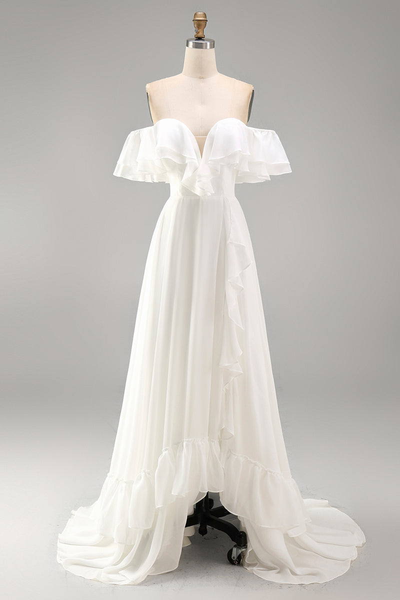 Load image into Gallery viewer, Ivory A Line Off the Shoulder Maxi Beach Wedding Dress with Ruffles