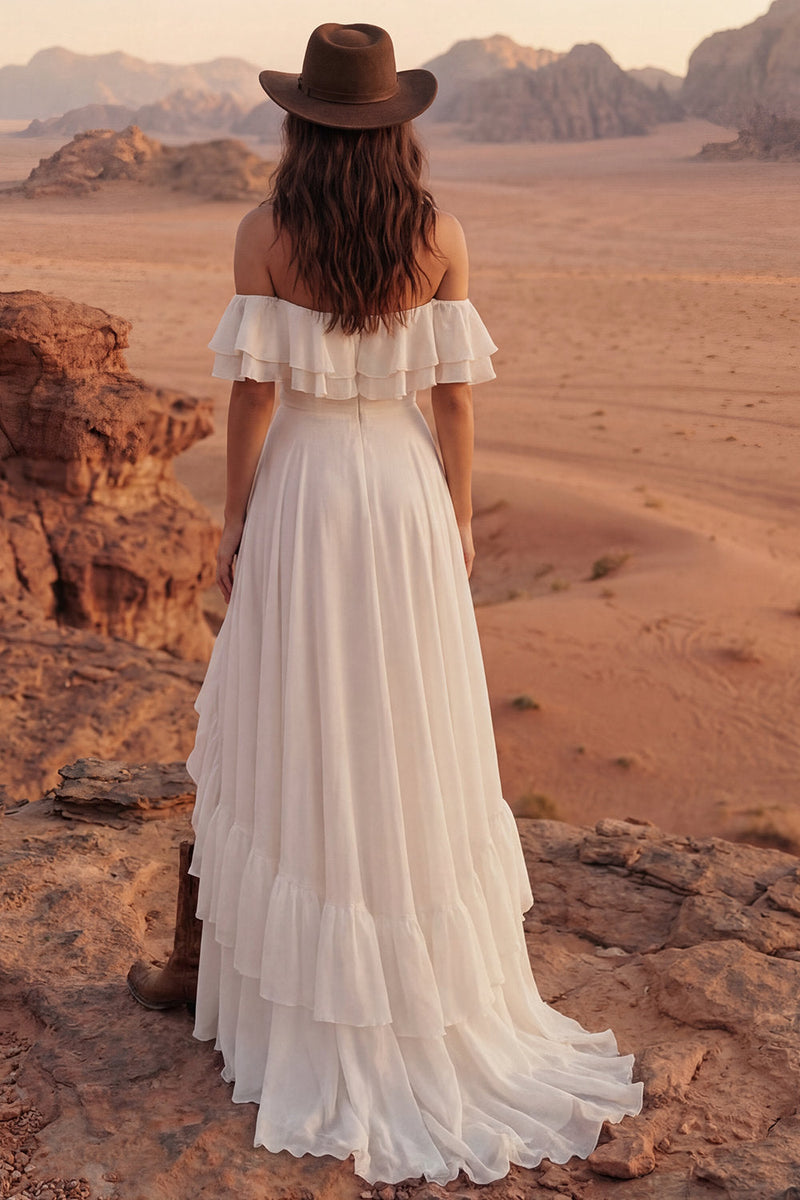 Load image into Gallery viewer, Ivory A Line Off the Shoulder Maxi Beach Wedding Dress with Ruffles