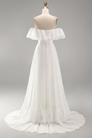 Load image into Gallery viewer, Ivory A Line Off the Shoulder Maxi Beach Wedding Dress with Ruffles