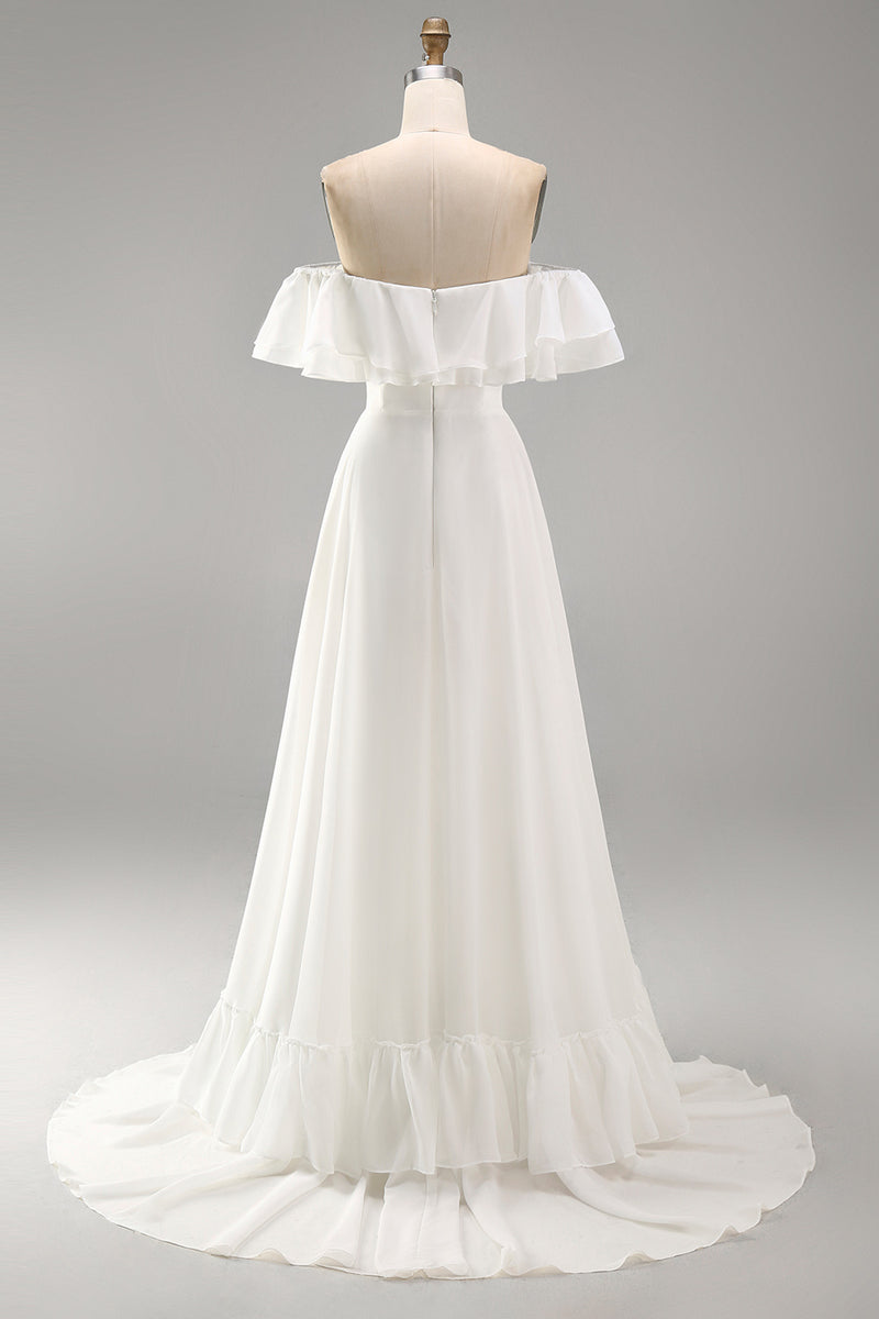 Load image into Gallery viewer, Ivory A Line Off the Shoulder Maxi Beach Wedding Dress with Ruffles