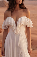 Load image into Gallery viewer, Ivory A Line Off the Shoulder Maxi Beach Wedding Dress with Ruffles