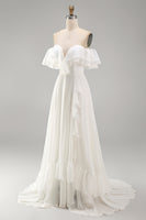 Load image into Gallery viewer, Ivory A Line Off the Shoulder Maxi Beach Wedding Dress with Ruffles