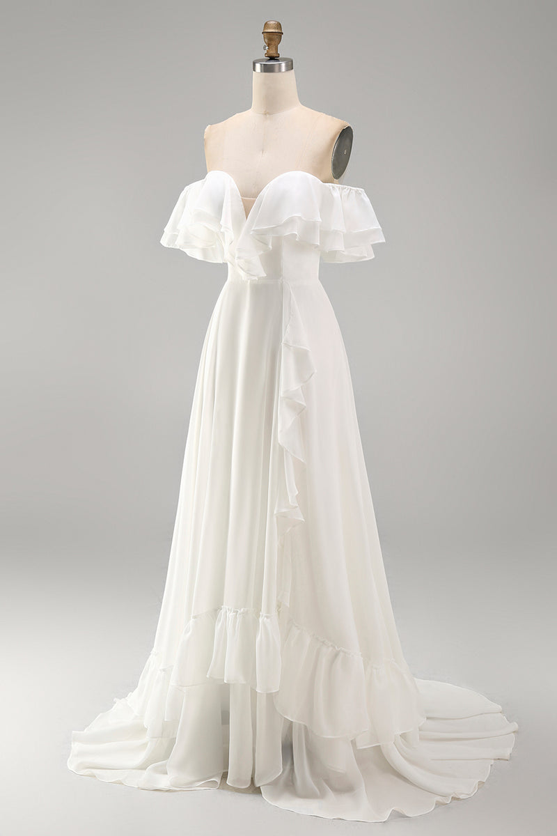 Load image into Gallery viewer, Ivory A Line Off the Shoulder Maxi Beach Wedding Dress with Ruffles