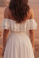 Load image into Gallery viewer, Ivory A Line Off the Shoulder Maxi Beach Wedding Dress with Ruffles