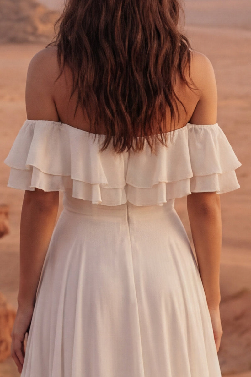 Load image into Gallery viewer, Ivory A Line Off the Shoulder Maxi Beach Wedding Dress with Ruffles
