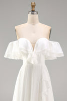 Load image into Gallery viewer, Ivory A Line Off the Shoulder Maxi Beach Wedding Dress with Ruffles