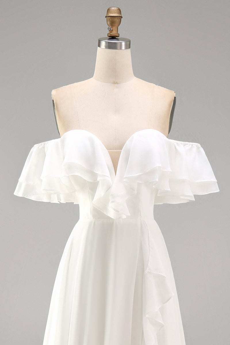 Load image into Gallery viewer, Ivory A Line Off the Shoulder Maxi Beach Wedding Dress with Ruffles