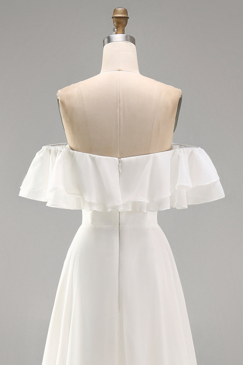 Load image into Gallery viewer, Ivory A Line Off the Shoulder Maxi Beach Wedding Dress with Ruffles