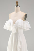 Load image into Gallery viewer, Ivory A Line Off the Shoulder Maxi Beach Wedding Dress with Ruffles