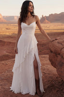 Load image into Gallery viewer, Ivory A Line Maxi Spaghetti Straps Beach Wedding Dress with Ruffles