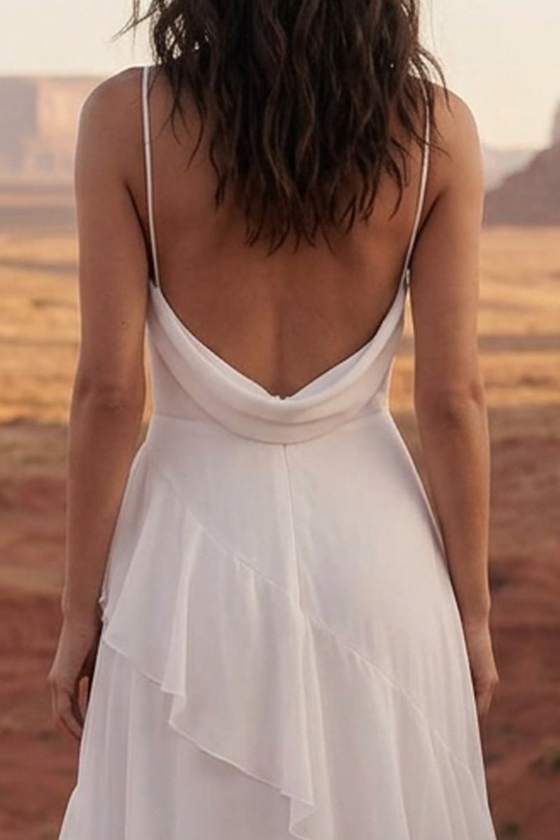 Load image into Gallery viewer, Ivory A Line Maxi Spaghetti Straps Beach Wedding Dress with Ruffles