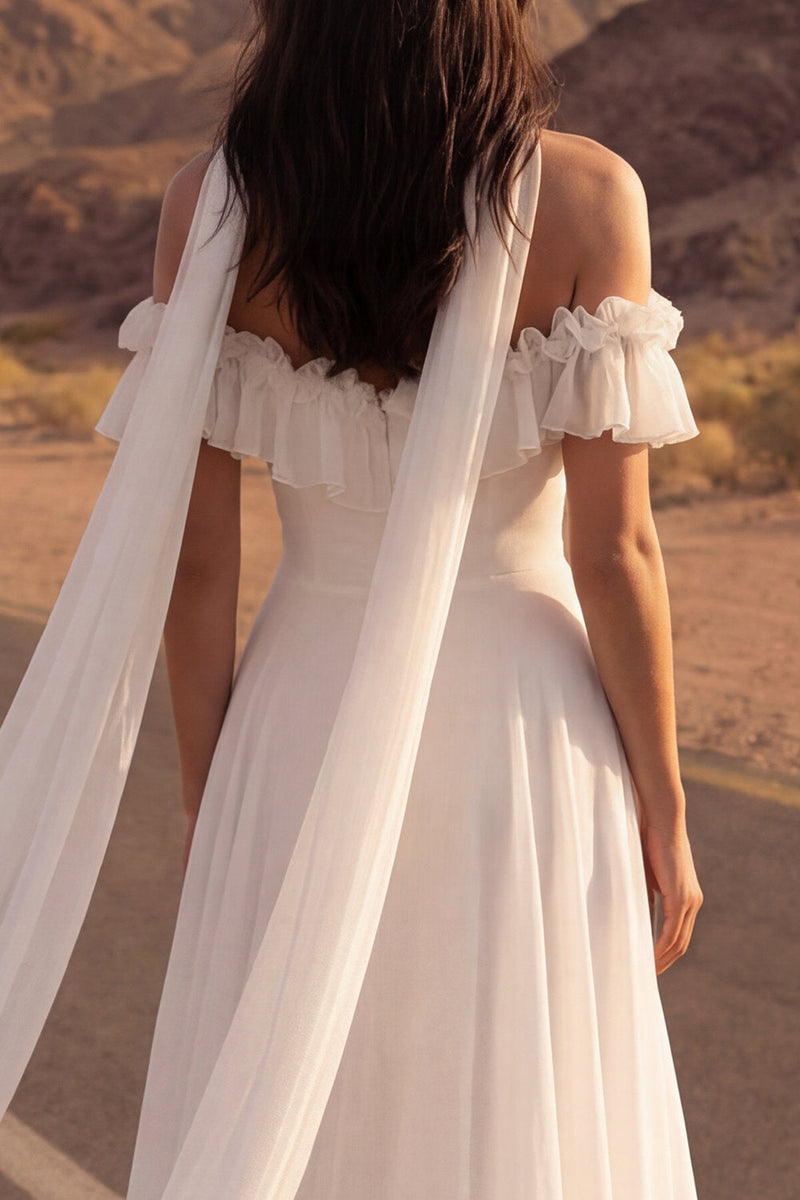 Load image into Gallery viewer, A Line Ivory Neck Scarf Chiffon Ruffled Beach Wedding Dress