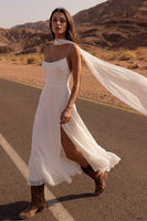 Load image into Gallery viewer, A Line Ivory Spaghetti Straps Maxi Beach Bridal Dress with Slit