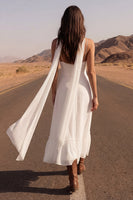 Load image into Gallery viewer, A Line Ivory Spaghetti Straps Maxi Beach Bridal Dress with Slit