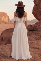 Load image into Gallery viewer, Off the Shoulder Ivory A Line Maxi Beach Wedding Dress with Slit