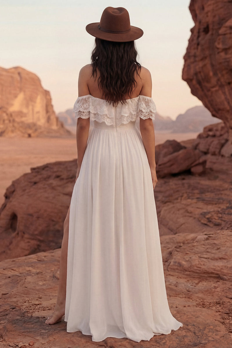 Load image into Gallery viewer, Off the Shoulder Ivory A Line Maxi Beach Wedding Dress with Slit