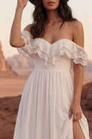 Load image into Gallery viewer, Off the Shoulder Ivory A Line Maxi Beach Wedding Dress with Slit