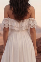 Load image into Gallery viewer, Off the Shoulder Ivory A Line Maxi Beach Wedding Dress with Slit