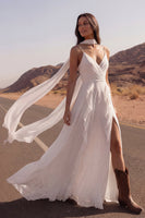Load image into Gallery viewer, A Line Ivory Spaghetti Straps Maxi Beach Wedding Dress with Ruffles