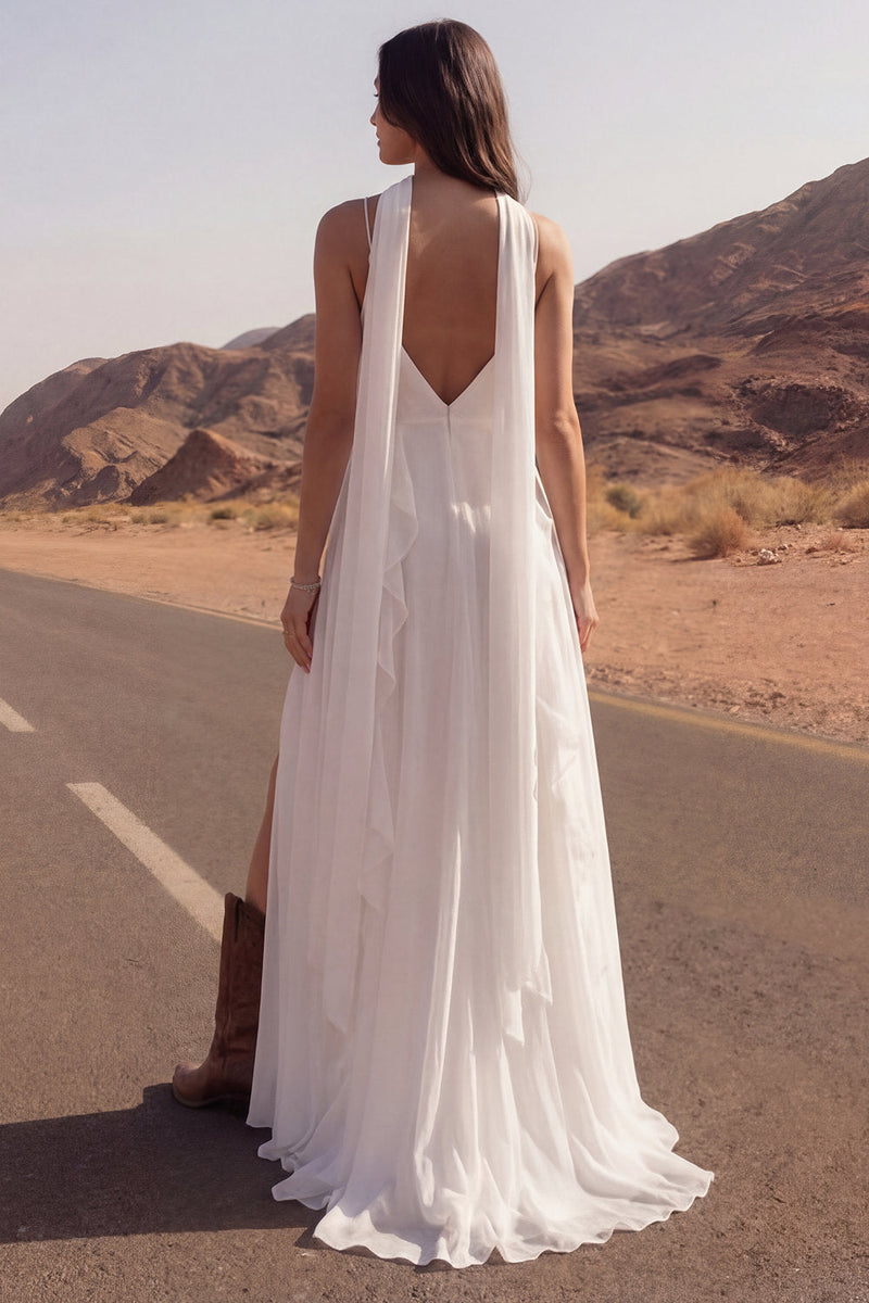 Load image into Gallery viewer, A Line Ivory Spaghetti Straps Maxi Beach Wedding Dress with Ruffles