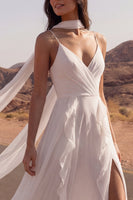 Load image into Gallery viewer, A Line Ivory Spaghetti Straps Maxi Beach Wedding Dress with Ruffles