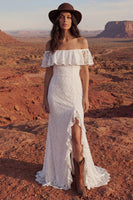 Load image into Gallery viewer, Ivory Maxi Mermaid Floral Boho Wedding Dress with Ruffles