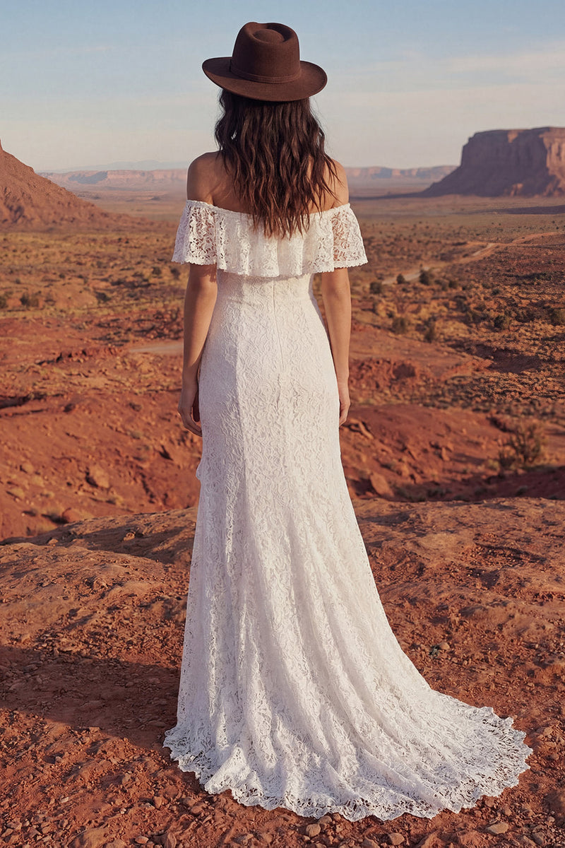 Load image into Gallery viewer, Ivory Maxi Mermaid Floral Boho Wedding Dress with Ruffles