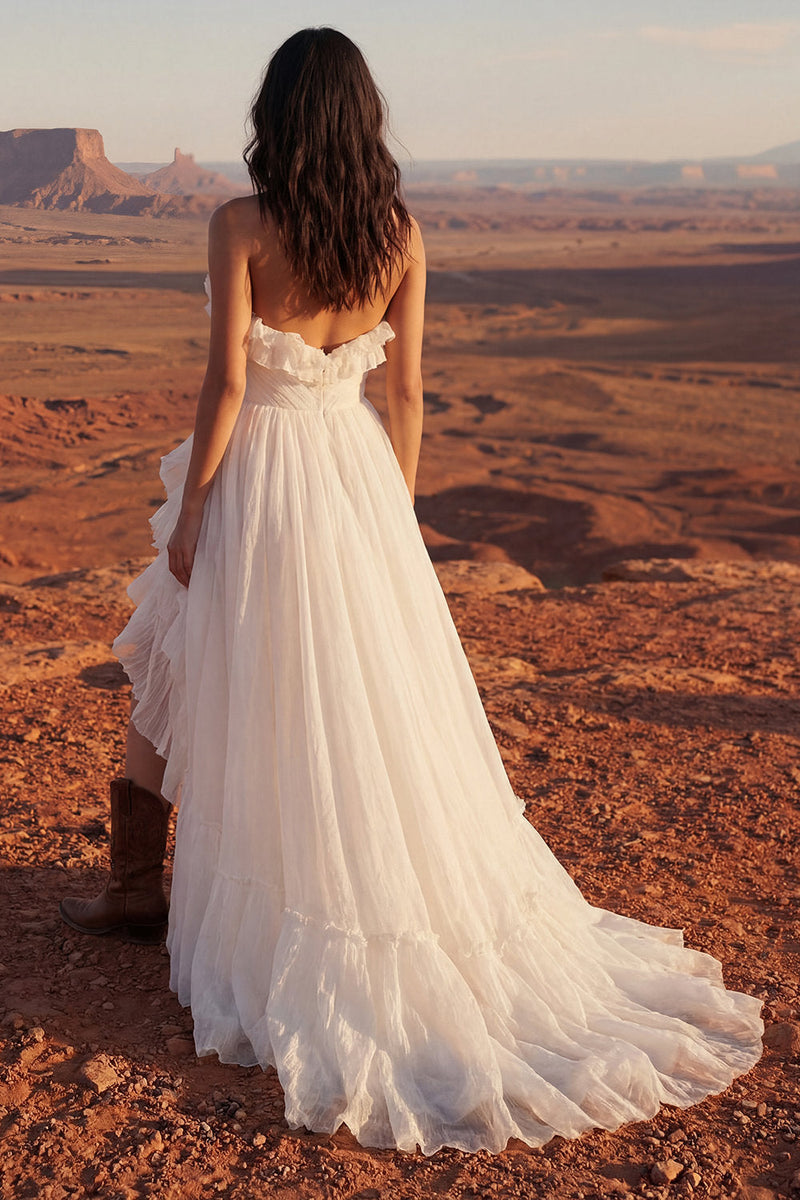 Load image into Gallery viewer, Maxi Strapless Ivory A Line Beach Wedding Dress with Ruffles