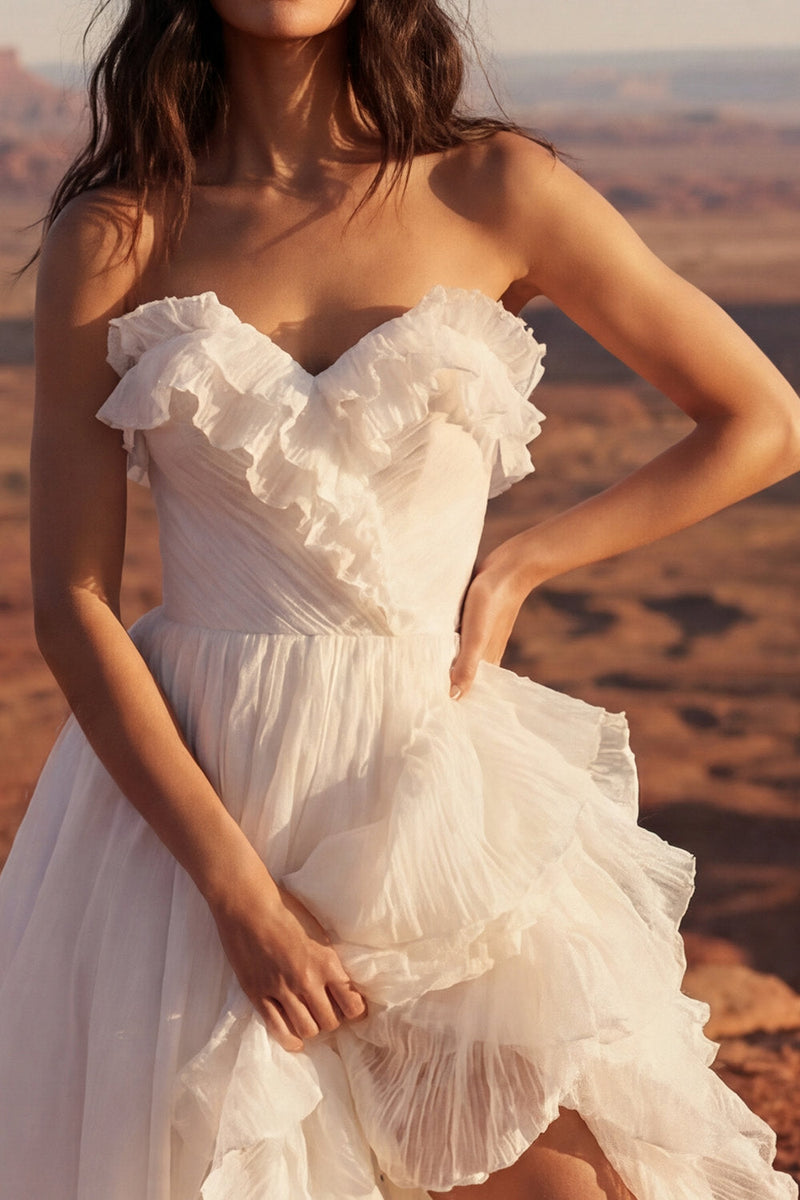 Load image into Gallery viewer, Maxi Strapless Ivory A Line Beach Wedding Dress with Ruffles